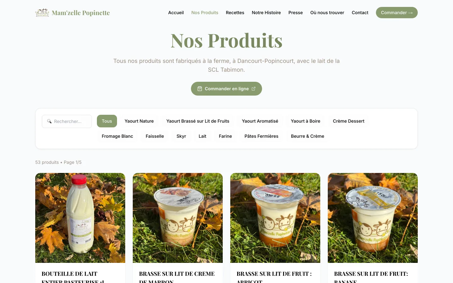 Catalogue produits du site vitrine Mam'zelle Popinette